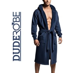 NWT, DudeRobe Men's Hooded Bathrobe Navy Blue Cotton Terry Lined ROBE 1 Size S/M